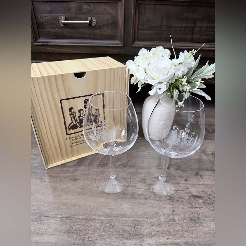 Fleming's Steakhouse Clear Etched Wine Glasses by artist Thomas Arvid- Set of 2